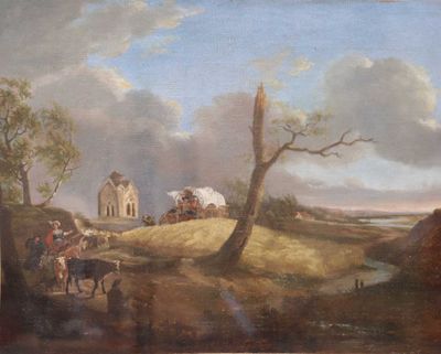 a painting of a painting of a farm scene with a horse drawn carriage