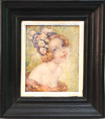 une peinture à l'huile représentant une jeune fille avec des fleurs dans les cheveux