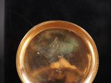 a close up of a gold plate on a black surface