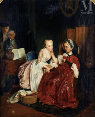 un tableau représentant deux femmes assises dans une pièce, dont l'une lit un livre
