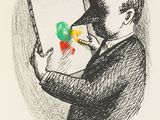 drawing of a man in a suit holding a painting brush and a palette