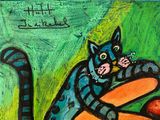 a painting of a cat that is sitting on the ground