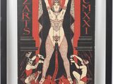 une affiche Art nouveau représentant une femme vêtue d'une robe rouge et noire