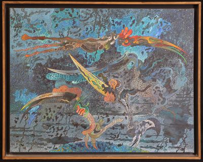 une photo d'un tableau représentant des oiseaux volant dans le ciel