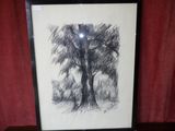 drawing of a tree in a black frame on a red curtain