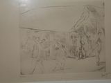 pencil drawing of a group of people standing in front of a building