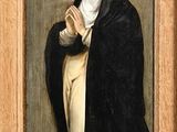 painting of a man in a black coat sitting on a table