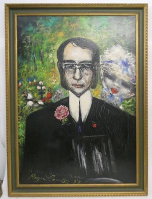 peinture d'un homme en costume-cravate avec une fleur à la main