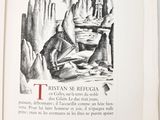 an open book with a drawing of a man sitting on a rock