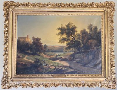 a painting of a landscape with a river and a castle in the distance