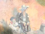 a painting of a man and a woman sitting on a bench