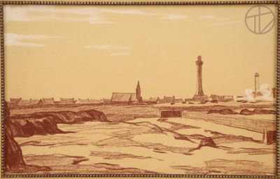 drawing of a lighthouse in the distance with a beach in the foreground