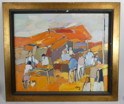 une peinture à l'huile représentant un groupe de personnes sur un marché en plein air