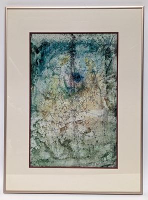 framed and matted print of a painting of a tree in a forest