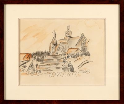 drawing of a church with a man and a dog in front of it