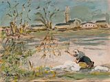 un tableau représentant un homme jouant de la guitare dans l'eau