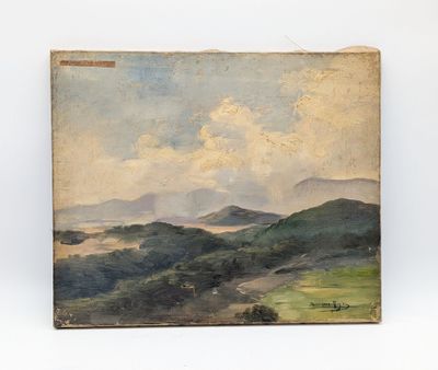 un tableau représentant un paysage avec des collines et des nuages au loin