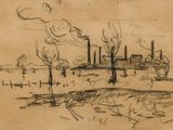 une image représentant le dessin d'une usine d'où s'échappe de la fumée
