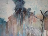 a watercolor painting of some trees in a field