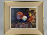 une peinture de fleurs dans un vase sur une table