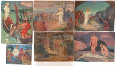 plusieurs tableaux représentant Jésus et d'autres figures religieuses sur fond blanc