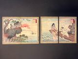 two paintings of a woman and a man sitting on a rock by the water