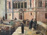 un tableau représentant des personnes marchant sur un pont près d'un immeuble