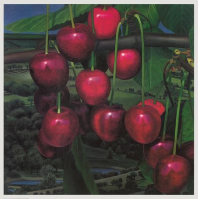 painting of a bunch of cherries hanging from a tree in a field