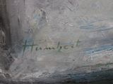a painting of a boat on the water with writing on it