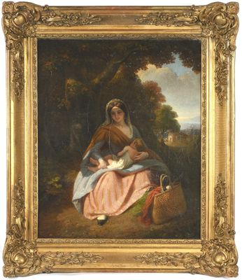un tableau représentant une femme tenant un bébé dans un décor boisé