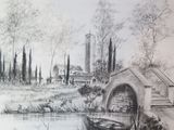 pencil drawing of a bridge over a river with a boat in the foreground