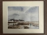 framed watercolor painting of a beach scene with people walking on the sand