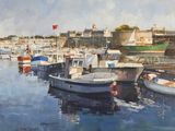 peinture de bateaux dans un port avec des bâtiments en arrière-plan