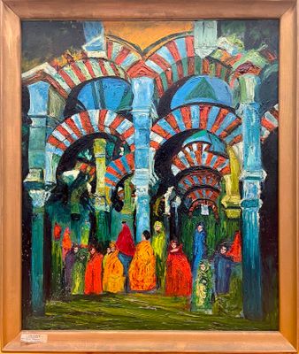 une peinture à l'huile représentant un groupe de personnes devant un bâtiment