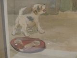 a picture of a painting of a dog and a bowl of food