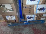 a stack of boxes on a pallet with a blue handle