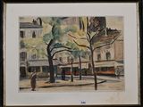 framed watercolor painting of a street scene with a bus and people
