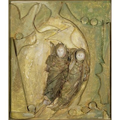 an image of a painting of two people in a cave