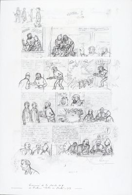 an old drawing of a bunch of people sitting in a room