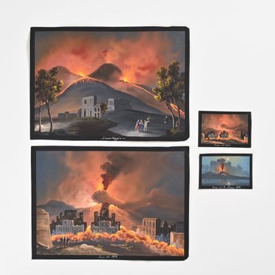 peintures sur un mur d'une ville, avec un volcan en arrière-plan