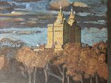 a picture of a painting of a castle in the middle of a field