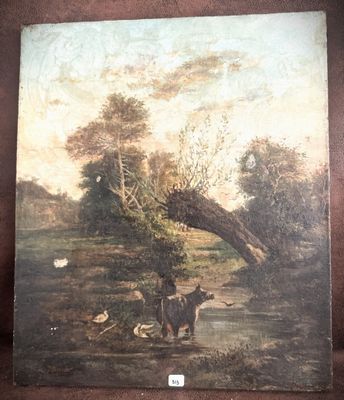 painting of a river scene with cows and ducks in the water