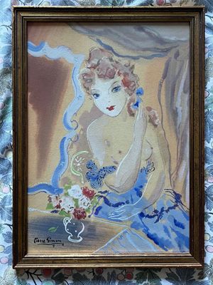 un tableau représentant une femme tenant un bouquet de fleurs