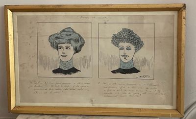 dessin représentant deux visages de femmes dans un cadre doré posé sur une table
