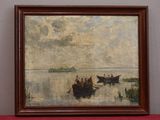 painting of a group of people in a rowboat on a lake