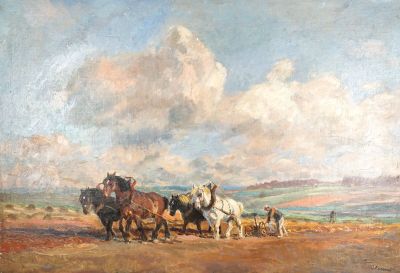 une peinture à l'huile représentant des chevaux tirant une charrue à travers un champ