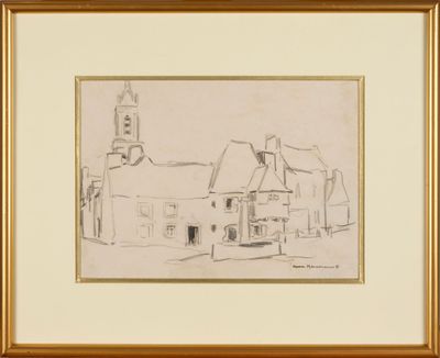 an image of a drawing of a building with a clock tower in the background