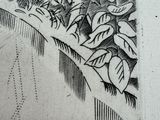 drawing of a man sitting on a bench in a garden