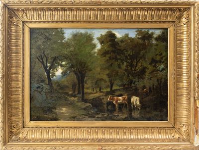 Ecole de Barbizon, "Paysage animé au vacher", huile sur pann…