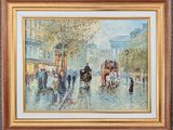 tableau représentant une scène de rue avec une calèche et des passants